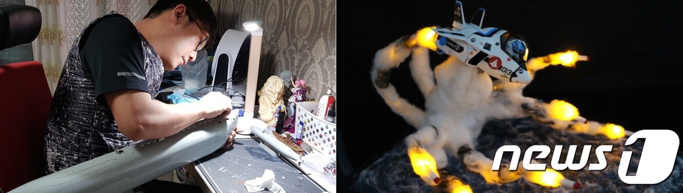 본문 이미지 - '부업형 모형사'로 일하는 한승희씨(40)가 작업실에서 잠수함 피규어를 제작하고 있다. 오른쪽 사진은 한씨가 완성한 피규어 작례(한승희씨 제공)ⓒ News1