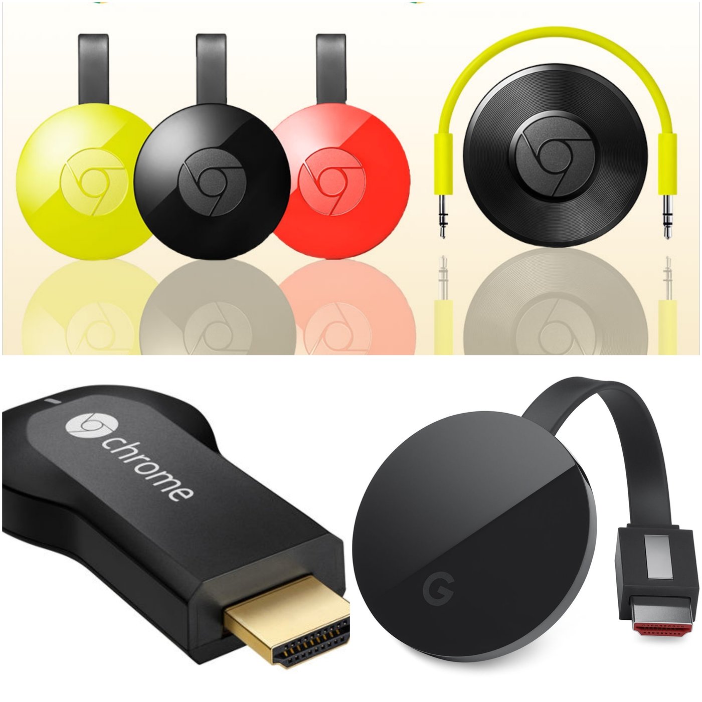 본문 이미지 - 위부터 시계방향으로 크롬캐스트 2세대, 크롬캐스트 오디오, 크롬캐스트 울트라, 크롬캐스트 1세대.(김편 제공)
