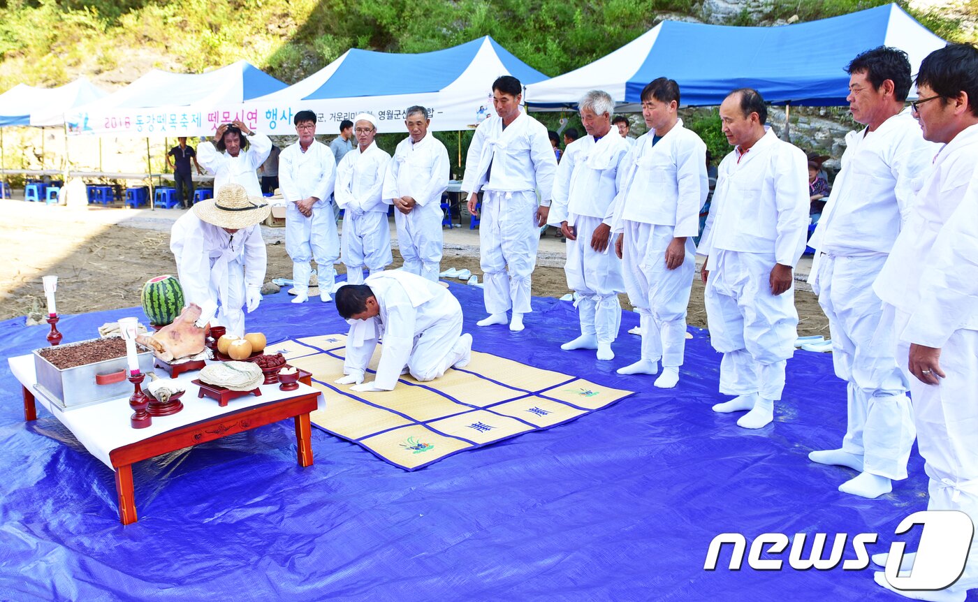 본문 이미지 - 영월 동강뗏목축제가 막을 올린 2일 강원 영월군 덕삼교에서 노꾼들이 2018 동강뗏목축제의 안녕을 기원하는 뗏목고사를 지내고 있다. 2018.8.2/뉴스1 ⓒ News1 박하림 기자