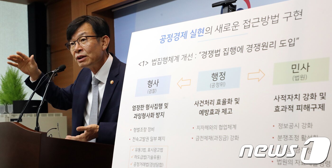 본문 이미지 - 김상조 공정거래위원회 위원장이 '공정거래법 전부개정안 입법예고' 브리핑을 하고 있다. 2018.8.26/뉴스1