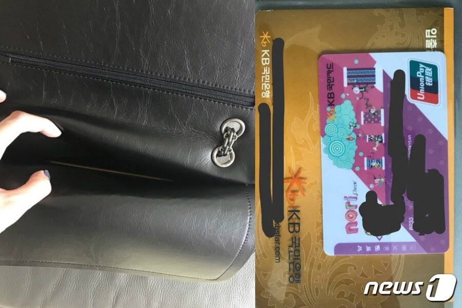 본문 이미지 - 샤넬 가방을 구입한 소비자가 온라인에 게시한 사진.  가방에서 우측의 통장과 카드가 발견됐다. ⓒ News1