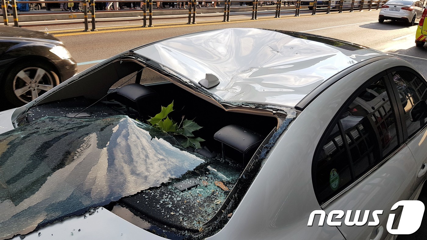 (서울=뉴스1) 황덕현 기자 = 25일 오후 서울 종로구 젊음의 거리 인근에서 가로수가 넘어져 차량이 손상돼 있다.이 사고로 차량 1대가 반파됐고 운전자와 동승자 등 3명이 부상을 …