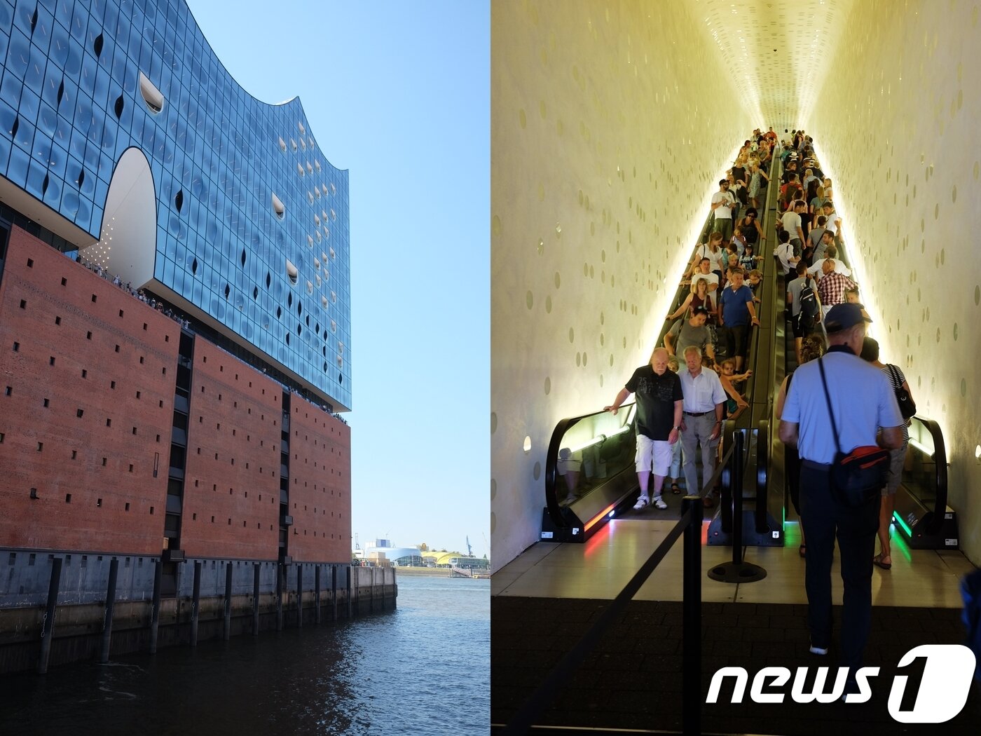 본문 이미지 - 코코아 저장 창고 윗부분에 파도를 형상화한 건물을 올린 엘베필하모니 플라자 외관(왼쪽), 유럽에서 가장 긴 에스컬레이터ⓒ News1