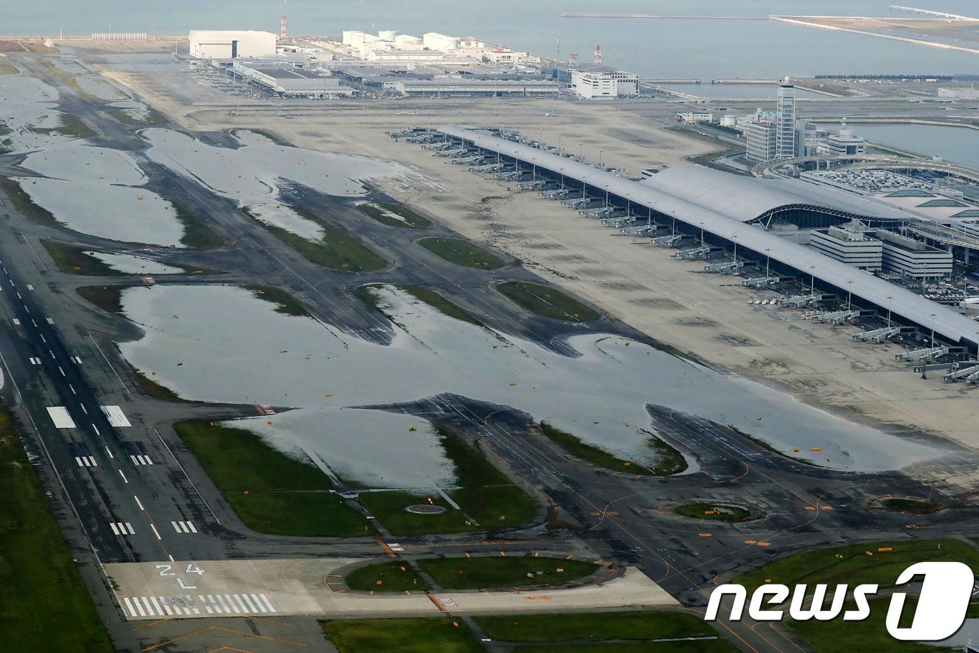 본문 이미지 - 5일 (현지시간) 태풍 '제비'의 강타로 물에 잠긴 오사카 이즈미사노에 있는 간사이국제공항 활주로의 모습이 보인다. 태풍의 영향으로 최소 9명이 숨지고 340명 이상이 다치는 등 인명피해가 속출했다. ⓒ AFP=뉴스1 ⓒ News1 우동명 기자