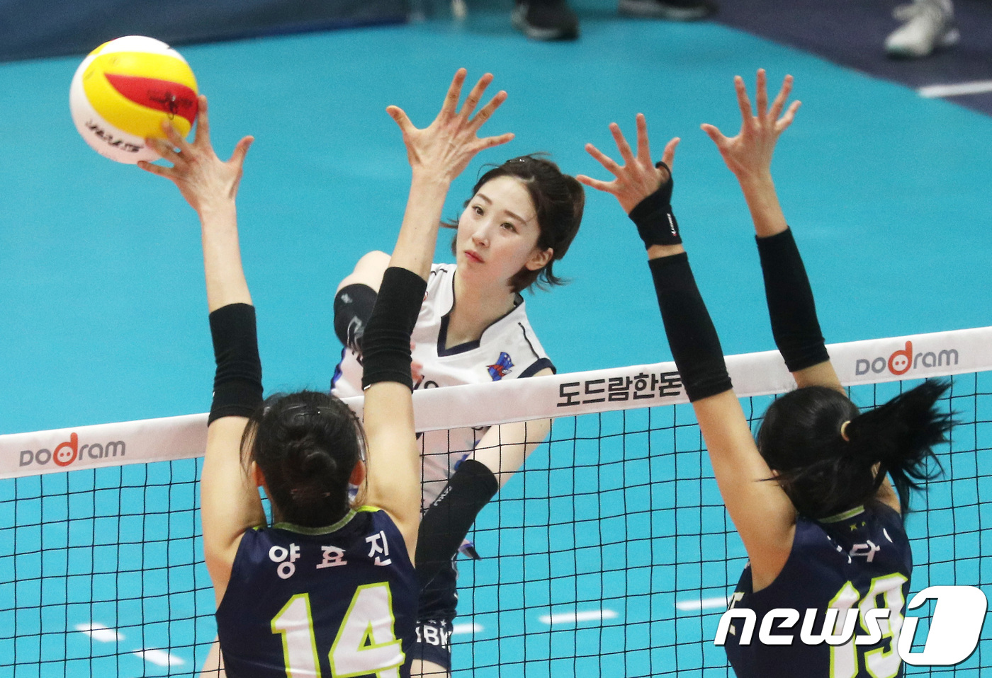 (수원=뉴스1) 오장환 기자 = 13일 오후 경기도 수원시 장안구 수원실내체육관에서 열린 도드람 2018-2019 프로배구 V리그 여자부 수원 현대건설과 화성 IBK기업은행의 경기 …