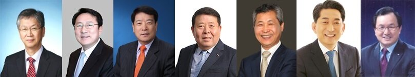본문 이미지 - 26대 중기중앙회장 선거에 자천타천 거론되는 후보들. 왼쪽부터 곽기영 보국전기공업 대표, 김기문 제이에스티나 회장, 박상희 미주철강 회장, 원재희 프럼파스트 대표, 이재광 광명전기 대표, 이재한 한용산업 대표, 주대철 세진텔레시스 대표.(가나다순) ⓒ News1