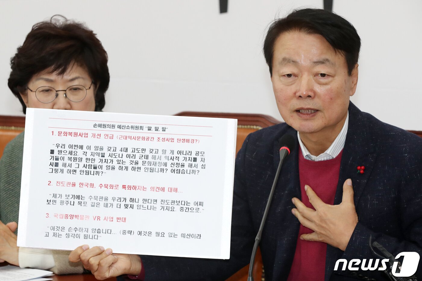 본문 이미지 - 한선교 자유한국당 '손혜원 랜드게이트 진상규명 태스크포스(TF)' 단장이 20일 서울 여의도 국회에서 열린 기자회견에서 손혜원 더불어민주당 의원의 문체위 예산소위 회의 당시 발언을 공개하고 있다. 2019.1.20/뉴스1 ⓒ News1 민경석 기자