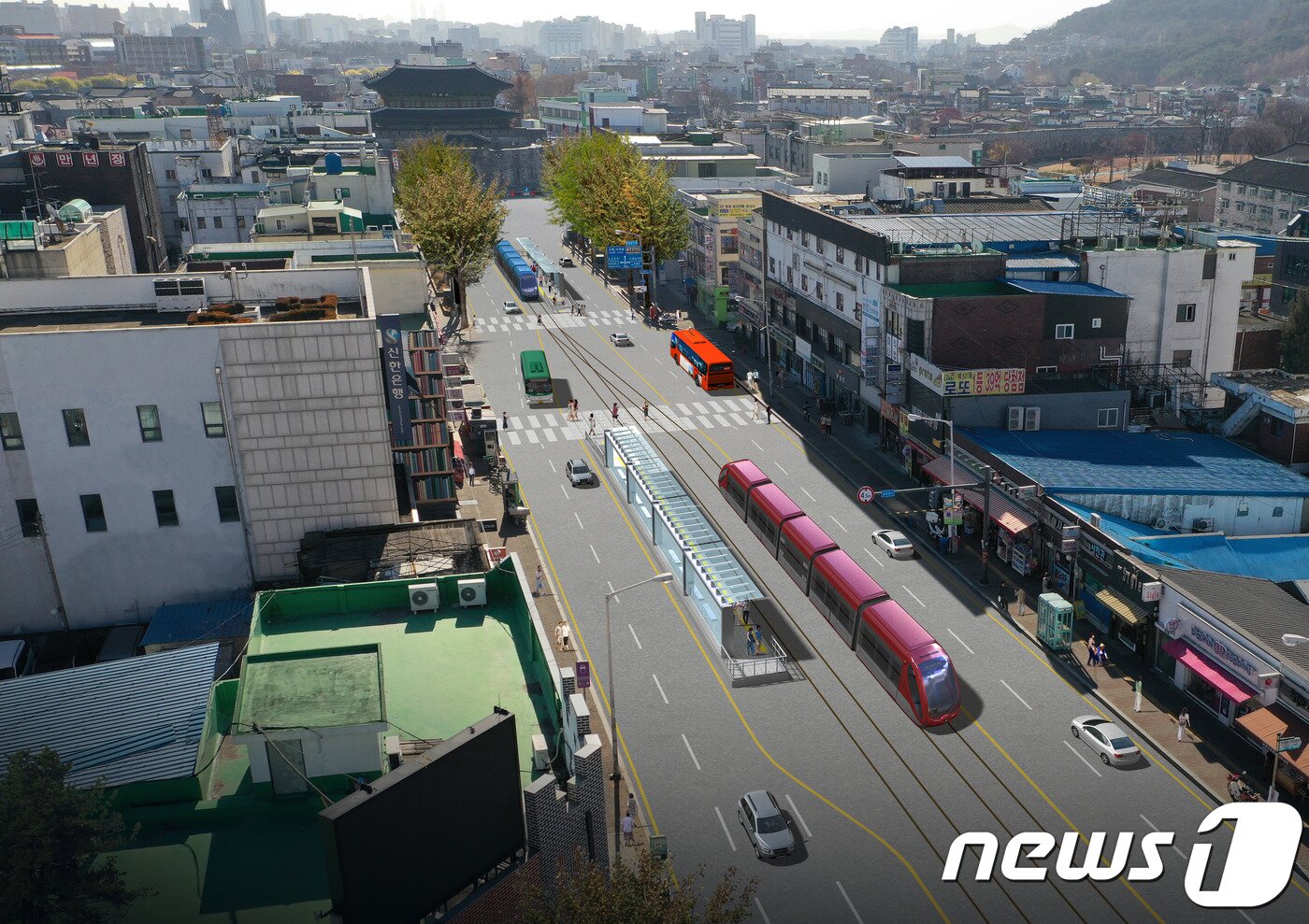 본문 이미지 - 수원 장안문 인근 트램 실증노선 조감도. ⓒ 뉴스1