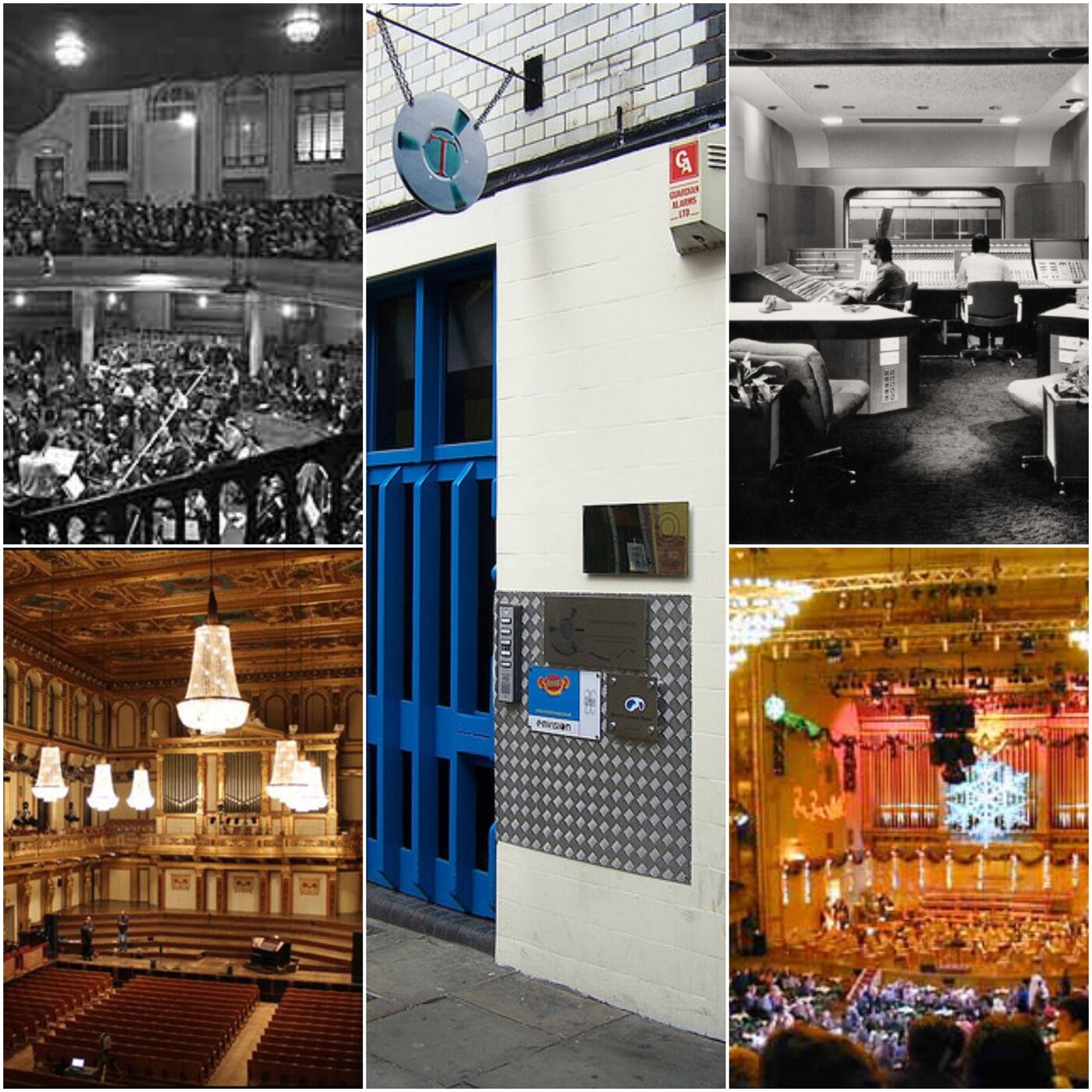 본문 이미지 - 왼쪽 위부터 시계방향으로 킹스웨이홀, 트라이던트 스튜디오, 애비로드 스튜디오, 보스턴 심포니 홀, 뮤지크페라인