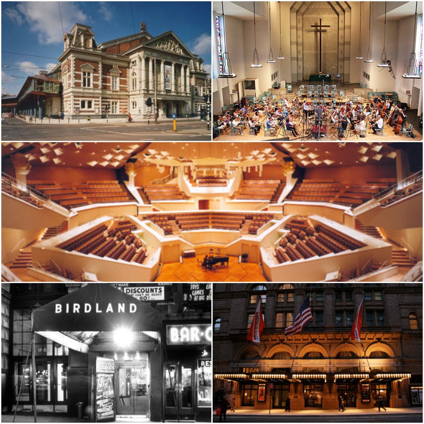 본문 이미지 - 왼쪽 위부터 시계방향으로 콘서트헤보우, 예수그리스도교회, 베를린필하모닉 홀, 카네기홀, 버드랜드