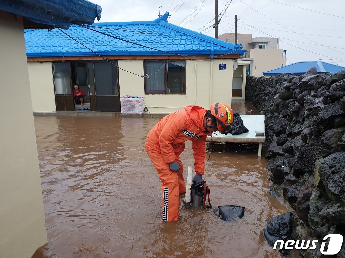 본문 이미지 - 2일 오전 제주 제주시 노형동의 한 주택이 제18호 태풍 '미탁(MITAG)'이 몰고 온 폭우로 침수돼 배수지원이 이뤄지고 있다.(제주도소방안전본부 제공)2019.10.2/뉴스1 ⓒ News1 오미란 기자