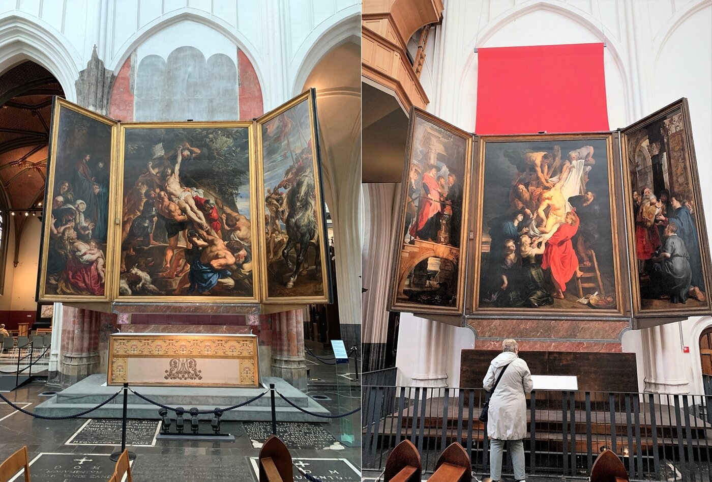 본문 이미지 - 대성당에 걸린 루벤스의 제단화. 십자가를 세움(왼쪽), 십자가에서 내려지는 예수ⓒ 뉴스1
