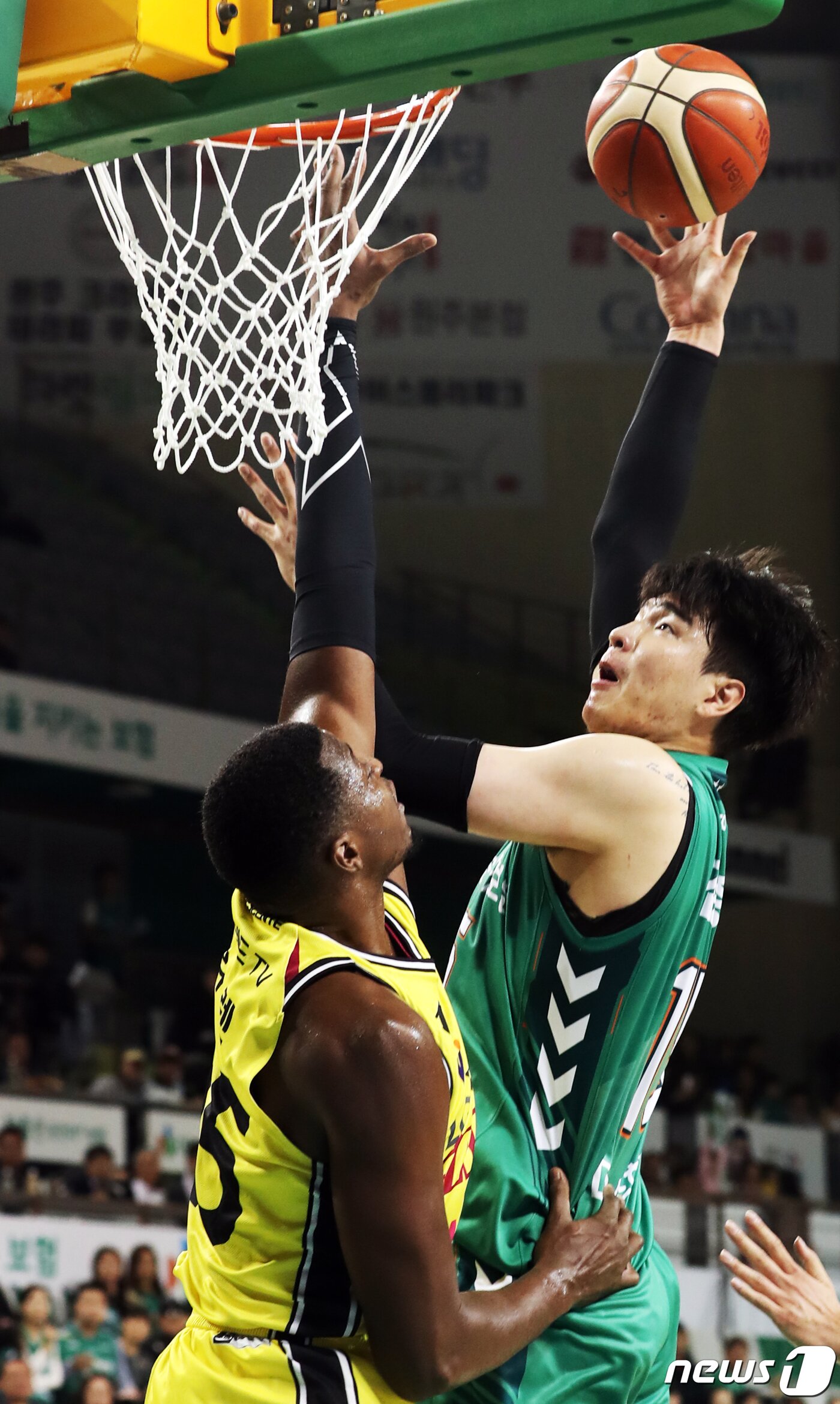 본문 이미지 - 31일 강원 원주종합체육관에서 열린 2019-2020 현대모비스 KBL 프로농구 원주DB프로미와 창원LG 세이커스 경기에서 DB 김종규가 골밑 슛을 시도하고 있다. 2019.10.31/뉴스1 ⓒ News1 박하림 기자