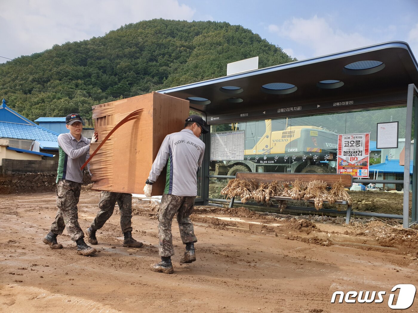 본문 이미지 - 육군 50사단 장병들이 4일 오전 태풍 미탁 피해 지역인 경북 울진군 매화면 금매리에서 복구 작업에 힘을 보태고 있다.(육군 50사단제공) 2019.10.4/뉴스1 ⓒ News1 최창호 기자