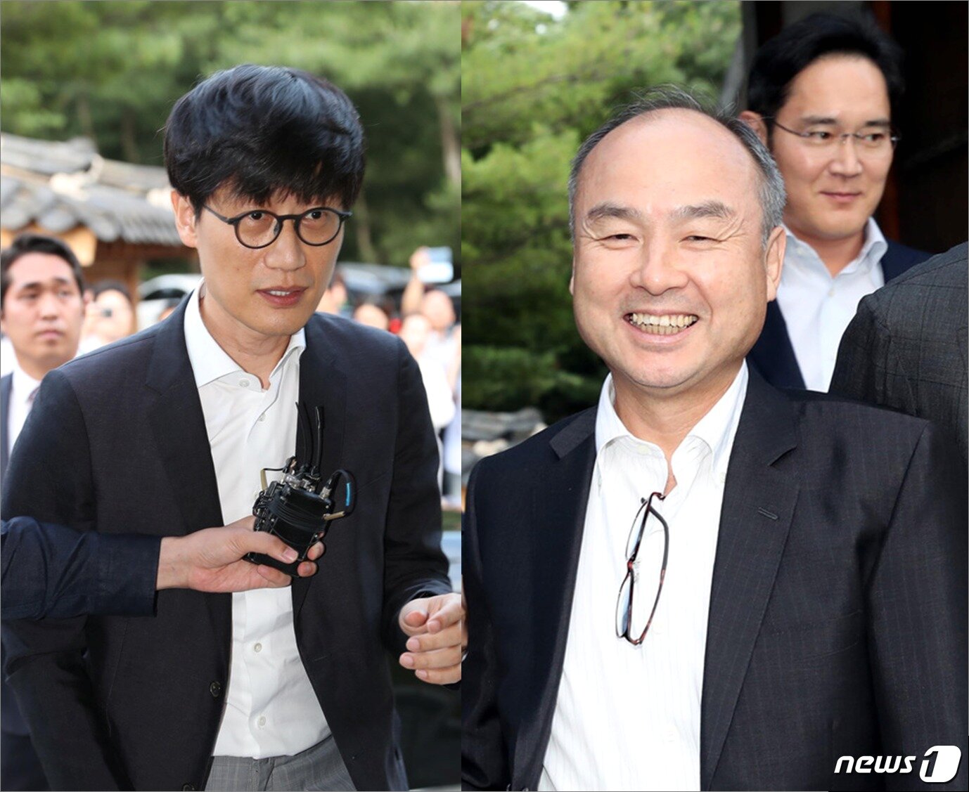 본문 이미지 - 2019년 7월4일 서울 성북동 한국가구박물관에서 만찬 회동을 갖기 위해 참석한 이해진 네이버 GIO와 손정의 소프트뱅크 회장/ⓒ 뉴스1