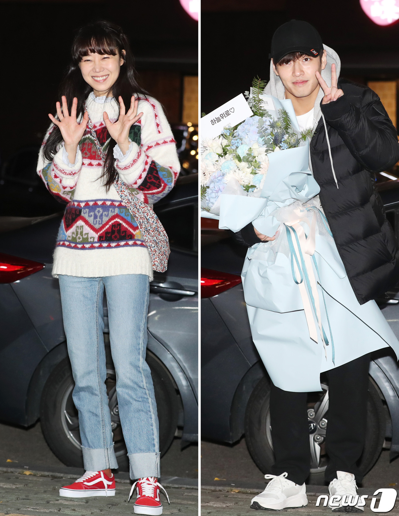 (서울=뉴스1) 권현진 기자 = 배우 공효진, 강하늘(오른쪽)이 18일 오후 서울 여의도 한 식당에서 열린 KBS2TV 수목 드라마 ‘동백꽃 필 무렵’ 종방연에 참석해 인사를 하고 …