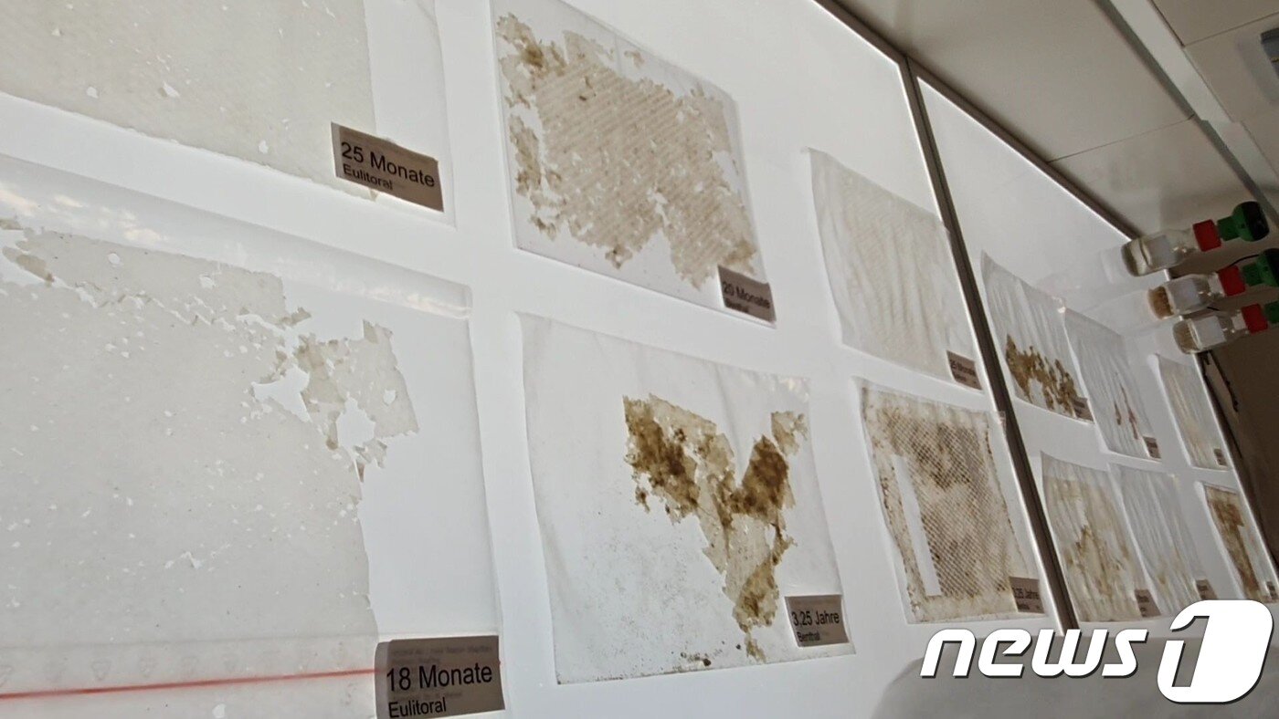 본문 이미지 - 지난달 8일 바스프 바이오폴리머 연구소에 해양 환경 실험으로 분해된 플라스틱 샘플들이 전시돼있다. ⓒ 뉴스1