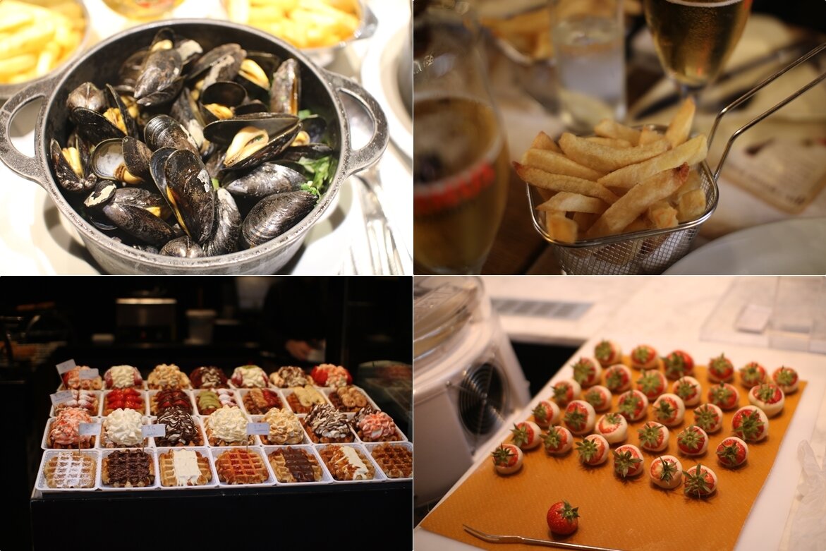 본문 이미지 - 홍합 요리인 믈(시계방향), 벨기에식 감자튀김, 길거리서 마주친 와플 가게, 고디바의 딸기 초콜릿ⓒ 뉴스1