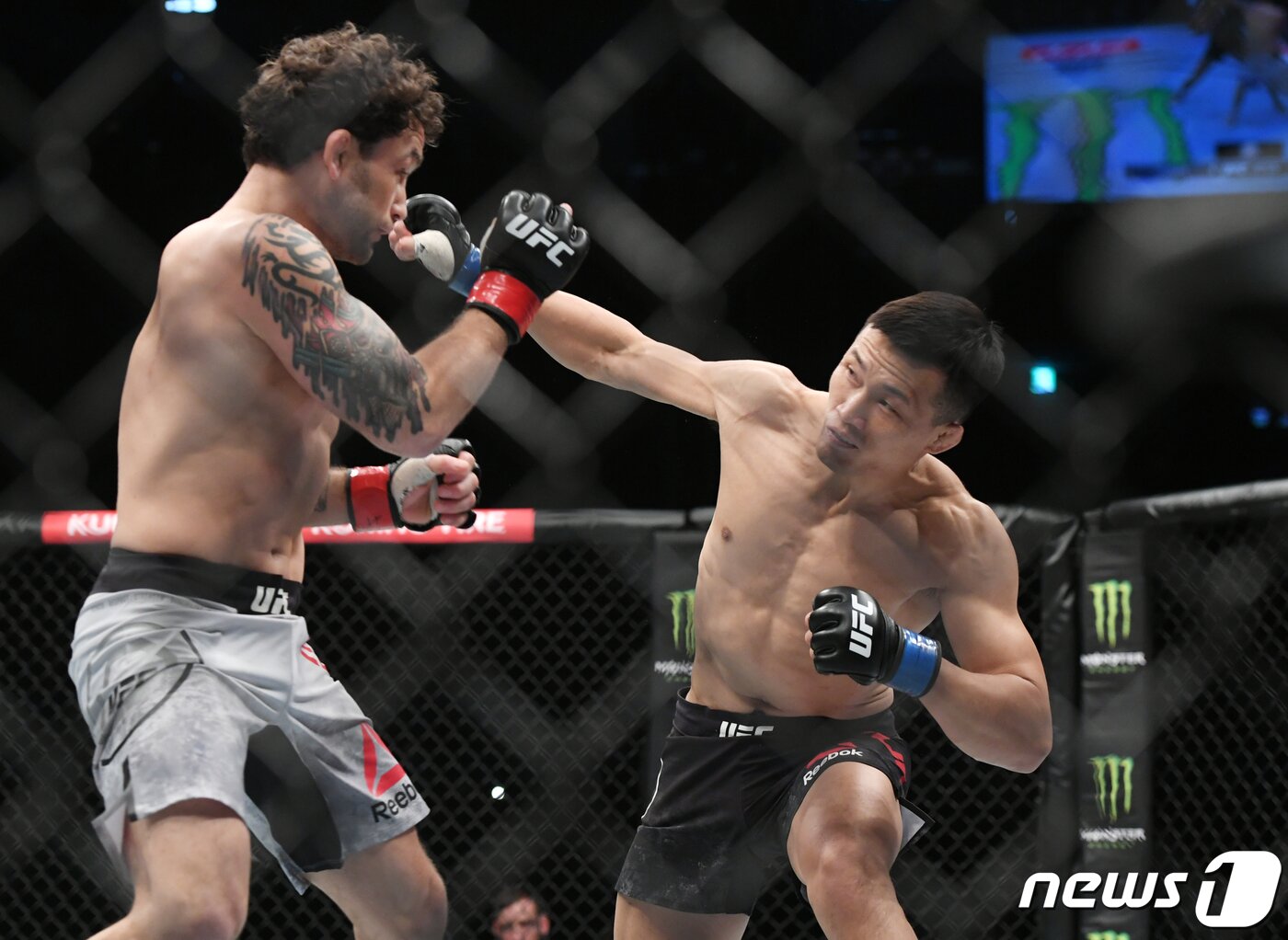 본문 이미지 - 21일 오후 부산 사직실내체육관에서 열린 'UFC 파이트 나이트 부산' 메인카드 페더급 경기. 정찬성이 프랭키 에드가에게 공격을 시도하고 있다. 2019.12.21/뉴스1 ⓒ News1 여주연 기자