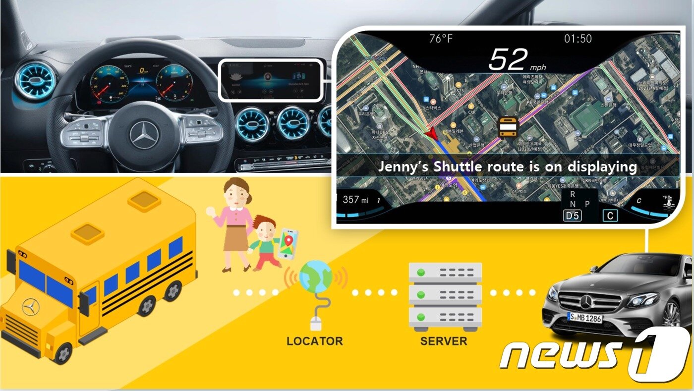 본문 이미지 - 자녀의 통학버스 운행정보, 위치, 탑승정보 등을 실시간으로 제공하는 '스쿨버스' 서비스 조감도. 학부모 차량에서도 간편하게 통학버스 정보를 확인할 수 있다.ⓒ 뉴스1
