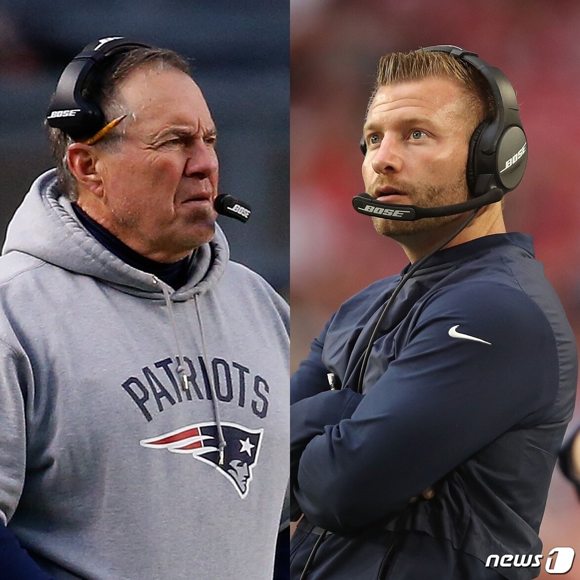 본문 이미지 - 빌 벨리칙 뉴잉글랜드 패트리어츠 감독(왼쪽)과 숀 맥베이 LA 램스 감독. ⓒ  AFP=뉴스1