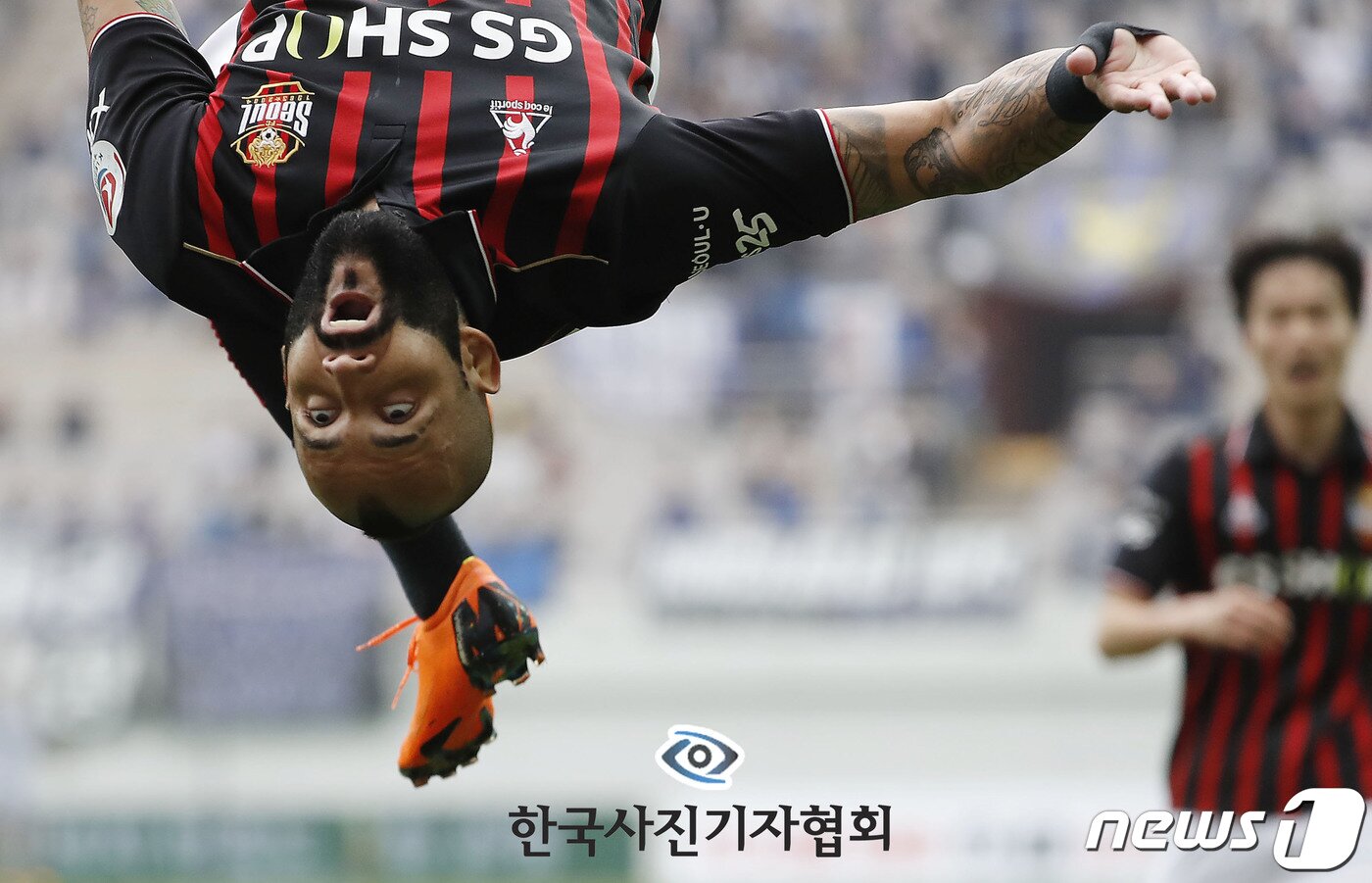 본문 이미지 - 한국사진기자협회 제55회 한국보도사진상 스포츠 피쳐(Sports feature) 부문 최우수상에 뉴시스 최동준 기자의 사진이 선정됐다. 지난해 4월 1일 서울월드컵 경기장에서 열린 2018 K리그1 FC 서울 대 인천유나이티드 FC의 경기, 서울 에반드로가 선취골을 성공시킨 뒤 덤블링을 하는 모습. (한국사진기자협회 제공) 2019.2.18/뉴스1