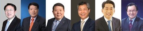 본문 이미지 - 26대 중기중앙회장 선거에 자천타천 거론되는 후보들. 왼쪽부터 김기문 제이에스티나 회장, 박상희 미주철강 회장, 원재희 프럼파스트 대표, 이재광 광명전기 대표, 이재한 한용산업 대표, 주대철 세진텔레시스 대표.(가나다순) ⓒ News1