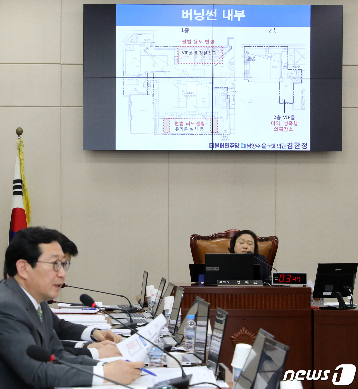 (서울=뉴스1) 이종덕 기자 = 김한정 더불어민주당의원이 15일 서울 여의도 국회 행정안전위원회 전체회의에서 클럽 버닝썬 내부 도면을 공개하며 버닝썬 업주와 소방공무원과의 유착의혹 …