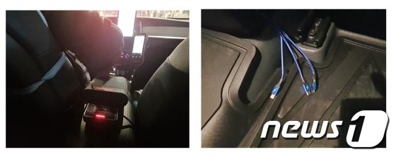 웨이고블루 차량 내 비치된 공기청정기(왼쪽), USB포트(오른쪽) © 뉴스1 조현기 기자