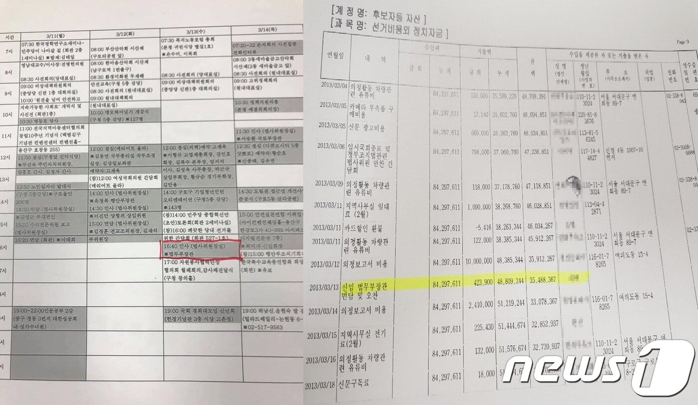 본문 이미지 - (좌) 박영선 중소기업벤처부 장관 후보자가 공개한 2013년 3월 13일 황교안 당시 법무부 장관 예방 일정(박영선 의원 트위터 캡쳐). (우)성일종 자유한국당 의원이 공개한 박 후보자의  박 후보자의 '정치자금 지출 내역'(성일종 의원제공) ⓒ 뉴스1