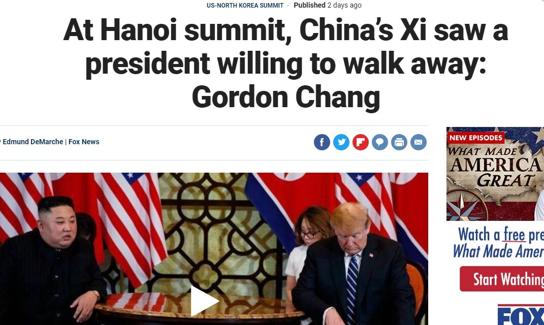 본문 이미지 - 하노이 정상회담에서 시 주석은 트럼프 대통령이 회담장을 나가는 모습을 보았다는 제목 - 폭스뉴스 갈무리