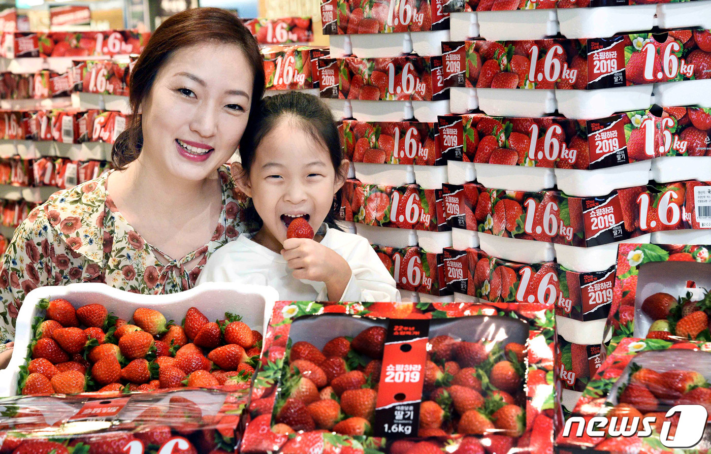 (서울=뉴스1) = 6일 서울 등촌동 홈플러스 강서점에서 모델과 어린이가 딸기를 선보이고 있다.홈플러스는 창립 22주년 기념 쇼핑행사 ‘쇼핑하라 2019’를 기념해 매주 22개 상 …