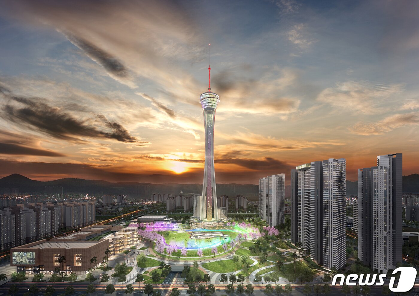 본문 이미지 - 전북 전주시 효자동 옛 대한방직 전주공장에 430m의 타워와 복합단지 건설을 추진하는 ㈜자광이 2019년 전주시에 제출한 ‘타워 복합개발 정책 제안서' 투시도./뉴스1 DB