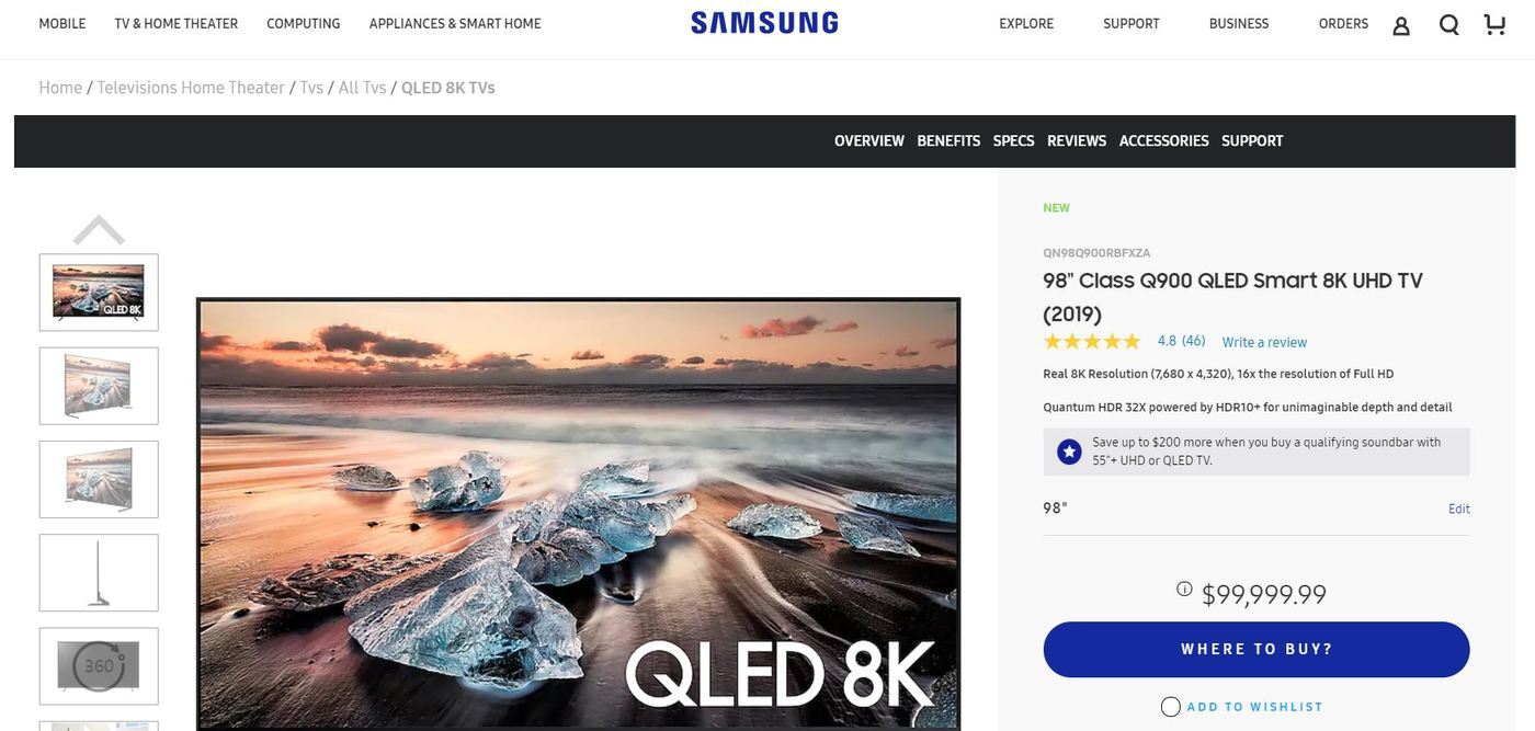 본문 이미지 - 삼성전자가 미국법인 공식 홈페이지를 통해 공개한 2019년형 'QLED 8K' 98형 모델의 가격이 9만9999달러.(사진제공 삼성전자) ⓒ 뉴스1