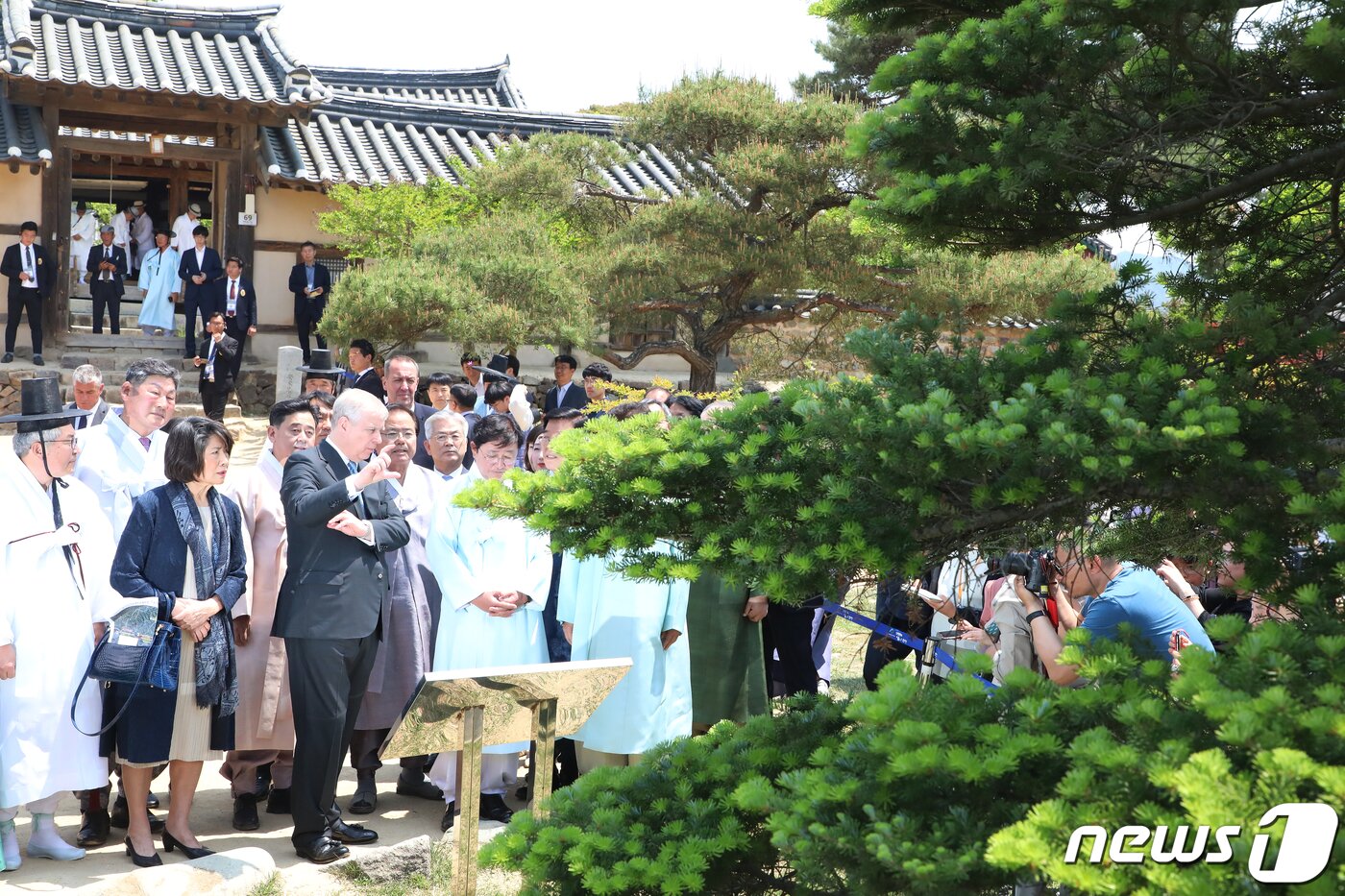 본문 이미지 - 영국 엘리자베스 2세 여왕의 차남 앤드루 왕자가 14일 경북 안동시 하회마을을 찾아 서애 류성룡의 종택 충효당 앞 구상나무를 살펴보고 있다. 이 나무는 엘리자베스 여왕이 1999년 안동 하회마을 방문을 기념해 심은 것이다. 2019.5.14/뉴스1 ⓒ News1 공정식 기자