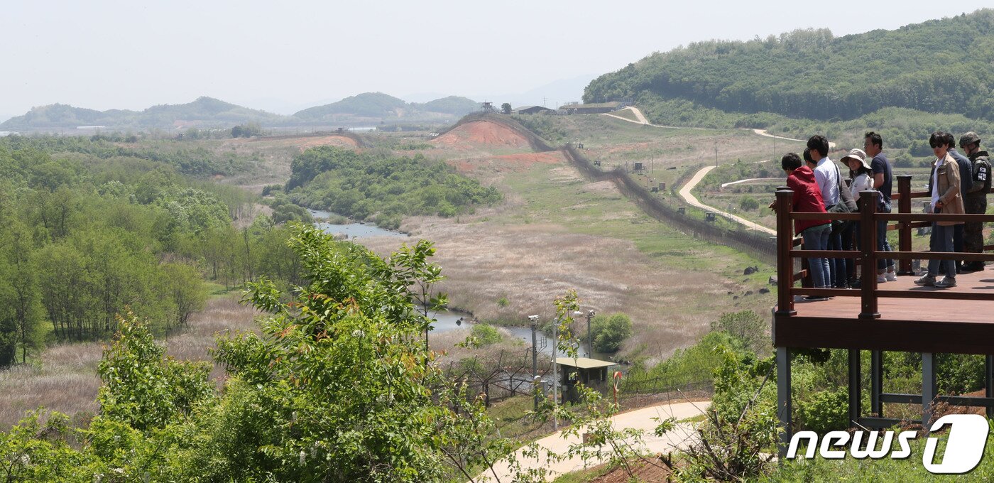 본문 이미지 - 지난 22일 취재진들이 강원도 철원군 'DMZ 평화의 길'내 공작새 능선 조망대에 올라 철책선너머 비무장지대를 바라보고 있다.  2019.5.22/뉴스1 ⓒ News1 사진공동취재단