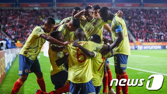 에콰도르 U-20 대표팀이 폴란드와의 경기에서 골을 넣고 기뻐하고 있는 모습. (FIFA 홈페이지 캡처)© 뉴스1