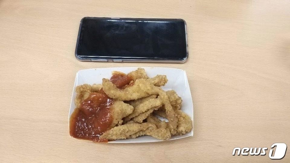 본문 이미지 - 닭껍질튀김 1개는 핸드폰 크기의 상자에 포장됐다.ⓒ 뉴스1