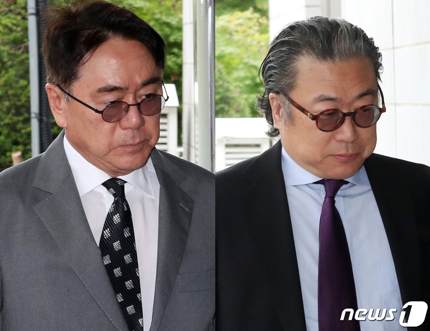 본문 이미지 - 고(故) 조중훈 전 한진그룹 회장으로부터 상속받은 해외 계좌를 신고하지 않은 혐의로 기소된 조남호 한진중공업홀딩스 회장(왼쪽)과 조정호 메리츠금융지주 회장이 지난달 26일 오후 서울 양천구 서울남부지방법원에서 열린 국세조세조정에관한 법률 위반 등 선고공판에 출석하고 있다. /뉴스1 ⓒ News1 이승배 기자