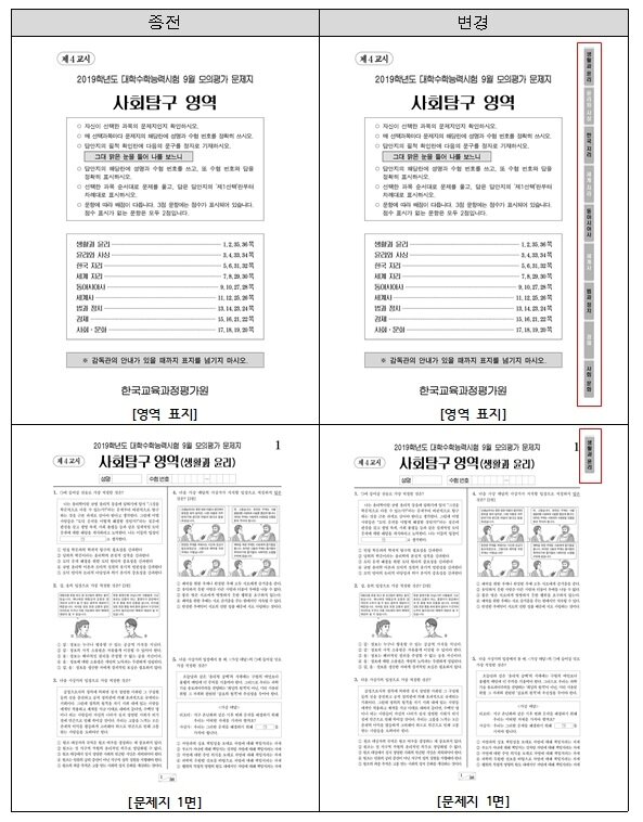 본문 이미지 - 올해 6월 모의평가에는 탐구영역 시험지에 색인을 인쇄해 학생들이 자신의 응시과목을 더 쉽게 찾아볼 수 있도록 했다. (교육부 제공)ⓒⓒ 뉴스1