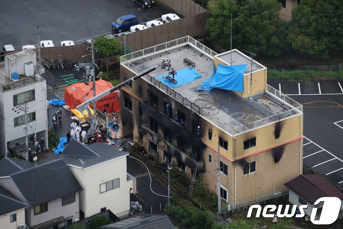 18일 방화 사건이 발생한 일본 교토애니메이션 제1스튜디오 건물. ⓒ AFP=뉴스1