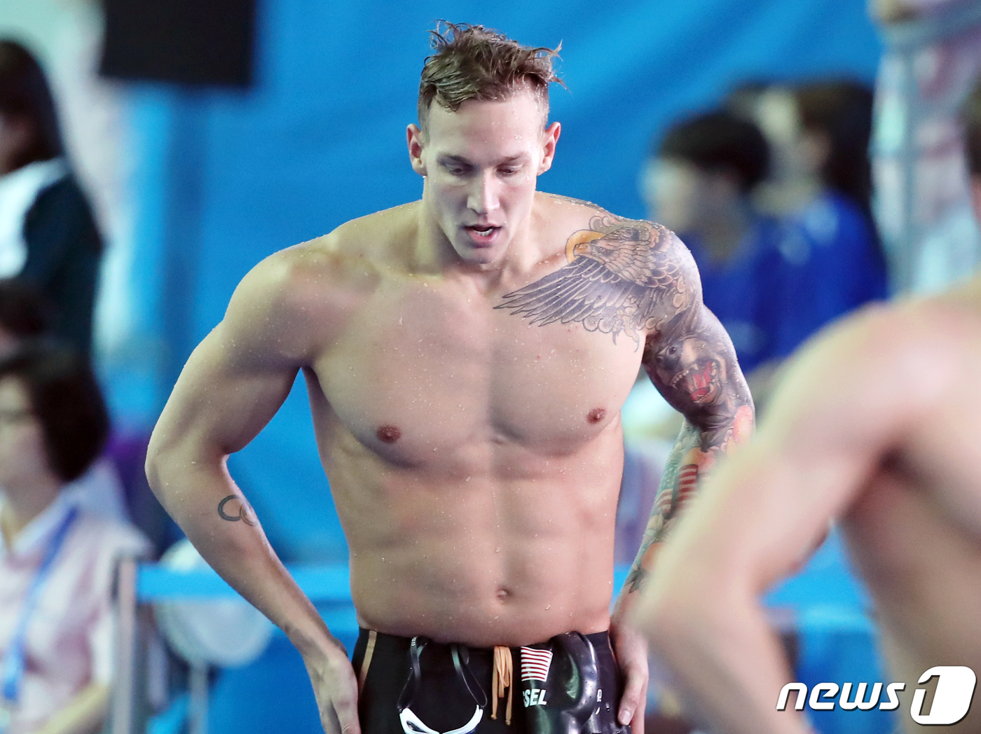 (광주=뉴스1) 황희규 기자 = 미국 카엘렙 드레셀이 26일 오후 광주 남부대학교 시립국제수영장에서 열린 '2019 광주 세계수영선수권대회' 남자 50m 자유형 준결승 경기를 마친 …