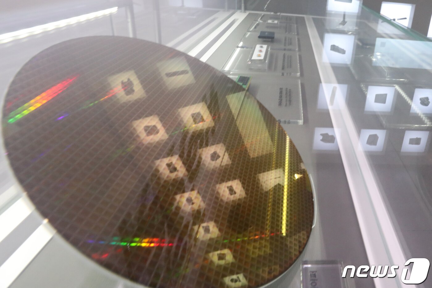 본문 이미지 - 삼성전자 서초사옥 딜라이트룸에 반도체 웨이퍼가 전시돼 있는 모습. 2019.7.31/뉴스1 ⓒ News1 이승배 기자