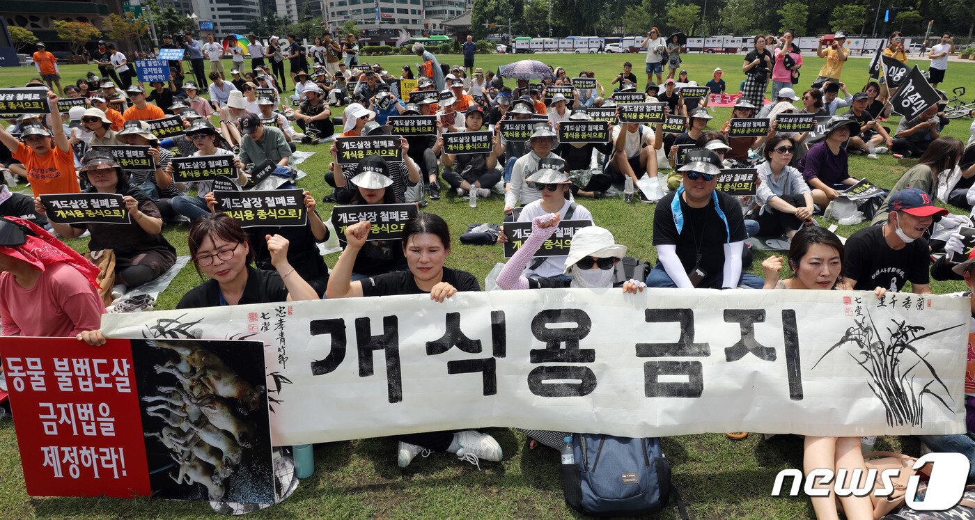 본문 이미지 - 초복을 닷새 앞둔 7일 오후 서울 중구 시청 앞 서울광장에서 동물보호시민단체 카라, 동물자유연대 등 동물단체 회원들이 '개식용 철폐 전국 대집회'를 갖고 구호를 외치고 있다. 2019.7.7/뉴스1 ⓒ News1 박세연 기자