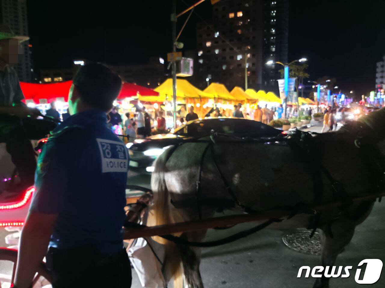 본문 이미지 - 지난 1일 속초해수욕장에서 마차가 교통 흐름을 방해하자 경찰이 주의를 주고 있다. ⓒ News1 홍성우 기자