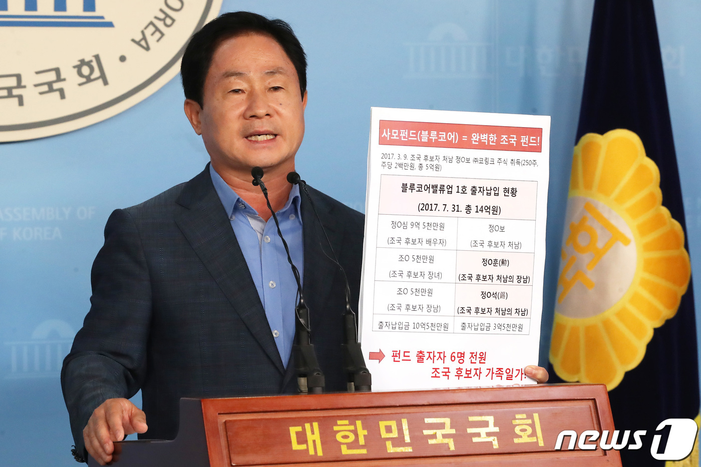 (서울=뉴스1) 임세영 기자 = 주광덕 자유한국당 의원이 23일 오후 서울 여의도 국회 정론관에서 조국 법무부 장관 후보자 관련 기자회견을 갖고 배우자가 투자한 사모펀드(블루코어밸 …