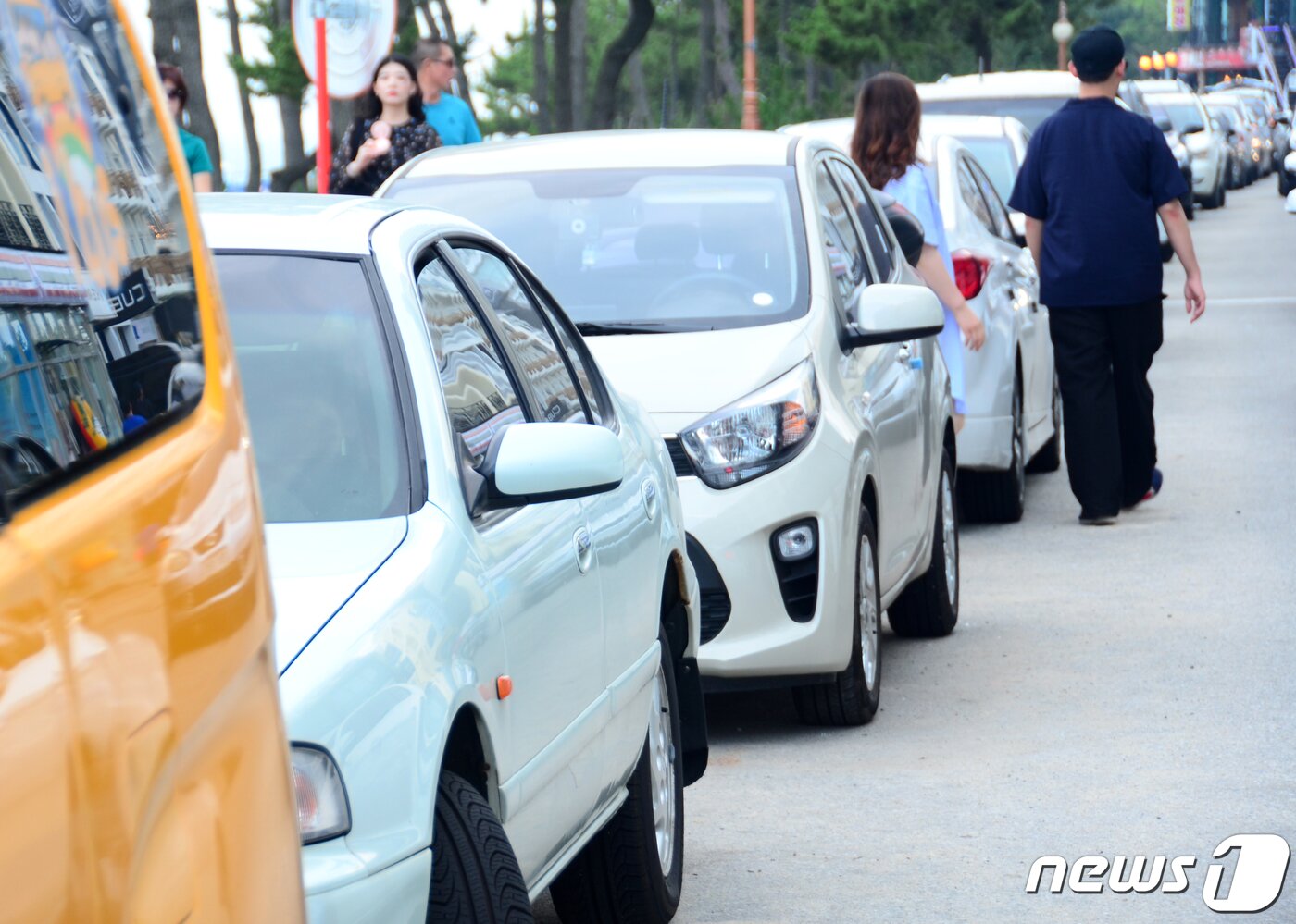 본문 이미지 - 폭염주의보가 내려진 3일 강원 강릉시 경포 해변 인근 도로에서 차량들이 줄지어 불법으로 주차돼 있다. 2019.8.3/뉴스1 ⓒ News1 하중천 기자