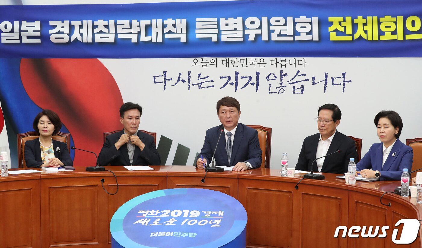 본문 이미지 - 최재성 더불어민주당 일본경제침략대책특위원장이 5일 오전 서울 여의도 국회에서 열린 일본경제침략대책특위원회 전체회의에서 모두발언을 하고 있다. 2019.8.5/뉴스1 ⓒ News1 임세영 기자