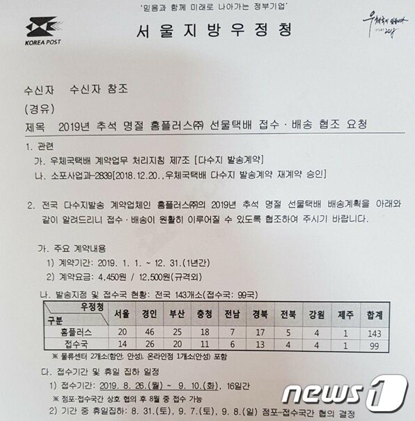 본문 이미지 - 우정사업본부에서 2019년 추석 명절 선물택배 배송계획에 대해 협조 요청을 하는 공문.(집배노조 제공) ⓒ 뉴스1