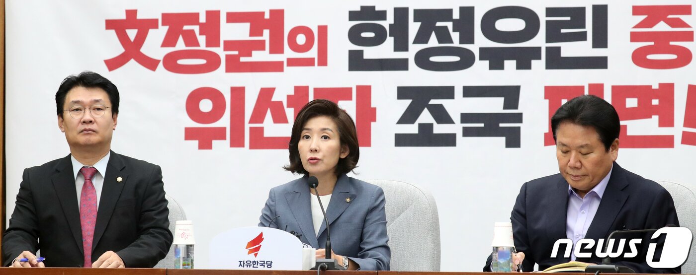 본문 이미지 - 나경원 자유한국당 원내대표가 17일 서울 여의도 국회에서 열린 원내대책회의에서 모두발언을 하고 있다. 2019.9.17/뉴스1 ⓒ News1 김명섭 기자